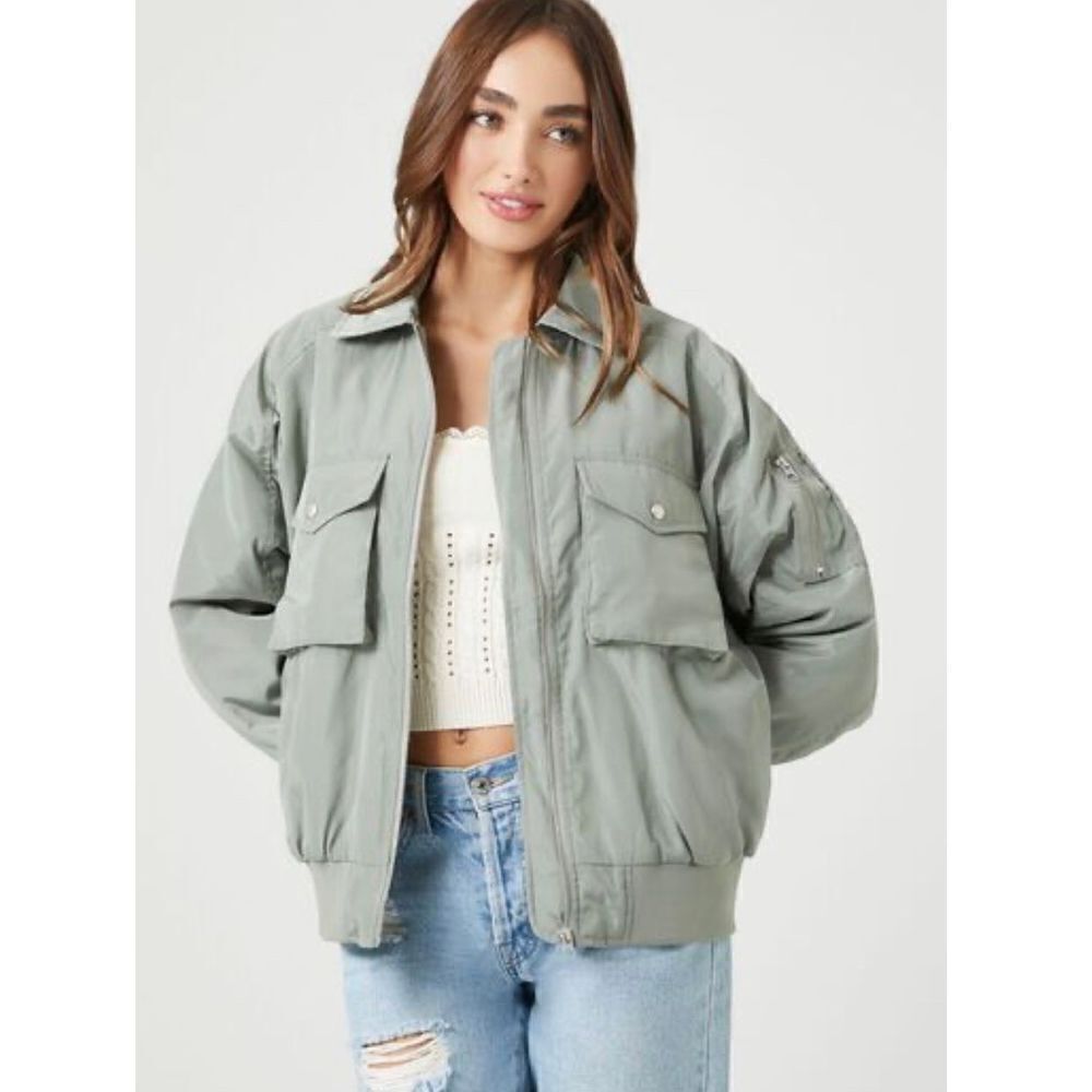 Forever 21 Zip-Up Bomber Jacket Green Size Small
